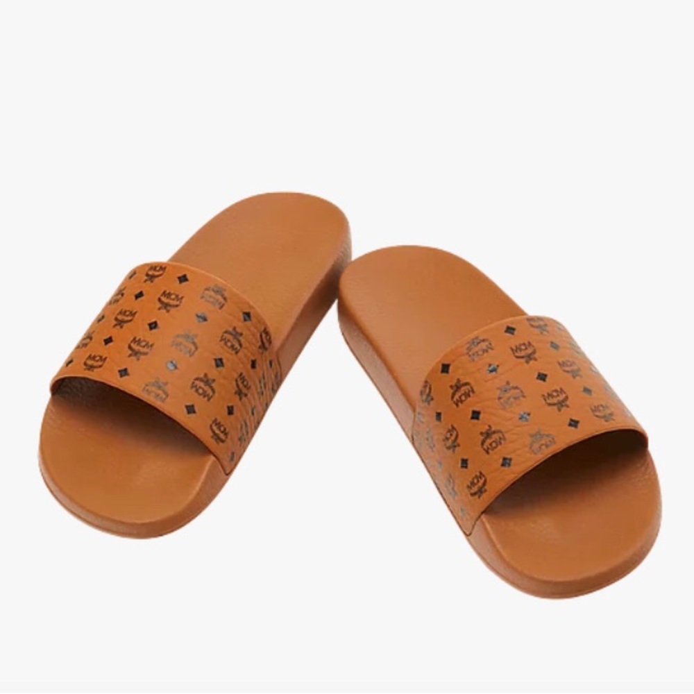 MCM Woman’s Cognac Visetis Monogram Logo Print Slides Size 38,37 NEW!!!